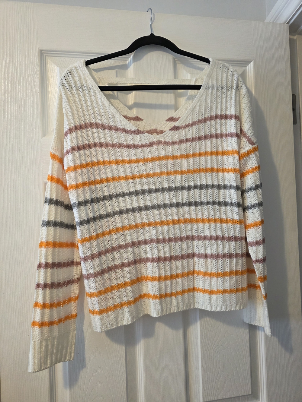 Women's Cream Striped V-Neck Sweater